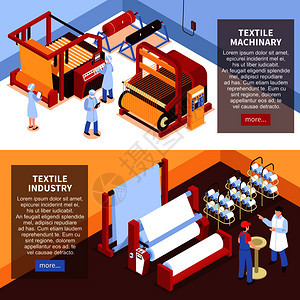 两个水平等距纺工业横幅与工厂设施,机械工人统的矢量插图图片