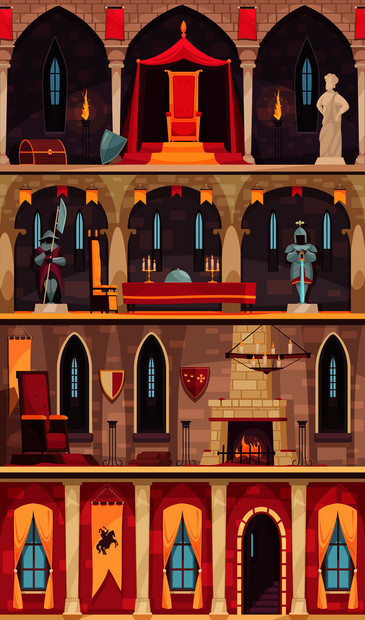 中世纪城堡内部4平横幅与餐厅舞厅王座室房间矢量插图