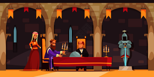 中世纪城堡皇家餐厅区内部平卡通构图与国王被服务的餐矢图图片