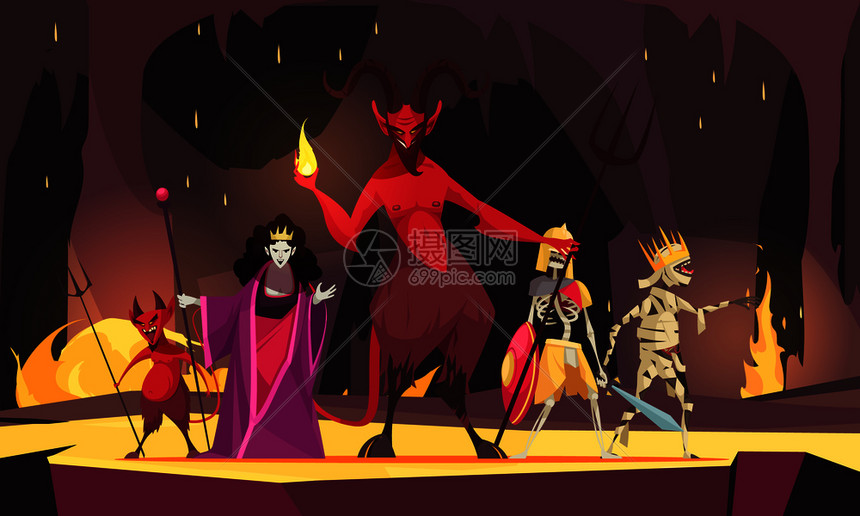 人物卡通构图与红色恶魔地狱恶魔女王黑暗可怕的背景矢量插图