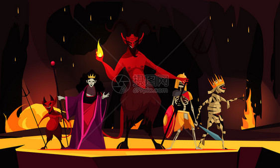 人物卡通构图与红色恶魔地狱恶魔女王黑暗可怕的背景矢量插图图片