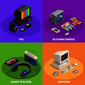彩色2x2等距与各种复古小工具,如电脑播放器控制台VHS3D孤立矢量插图图片