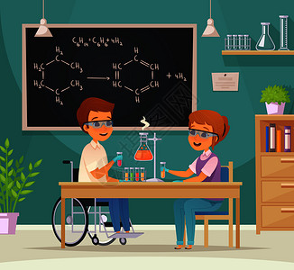 平彩色包容教育卡通作文,两名学生实验室矢量插图图片