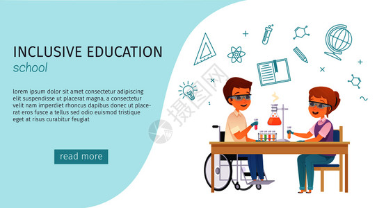 包容教育卡通横幅与学校标题蓝色阅读更多按钮矢量插图图片