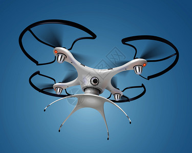 彩色真实的无人机与相机成白色智能电子四翼飞机飞行矢量插图图片