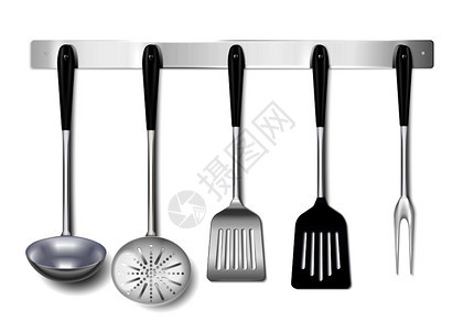 厨房工具,器皿,金属挂架,特写,逼真的图像,用勺子铲子,撇嘴,烹饪叉子矢量插图图片