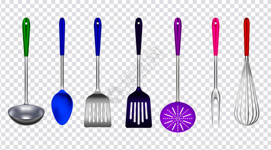 厨房工具金属与五颜六色的塑料现实与钢包铲刀撇嘴烹饪叉子透明矢量插图图片