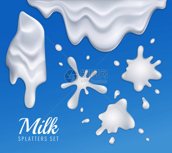 抽象的蓝色背景与同形状的白色牛奶飞溅现实的矢量插图图片