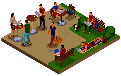 自由职业者典型的夏日等距构图与户外工作场所城市公园草坪咖啡馆表矢量插图图片