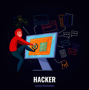 黑客安全作文与人帽衫黑客计算机爬进矢量插图图片