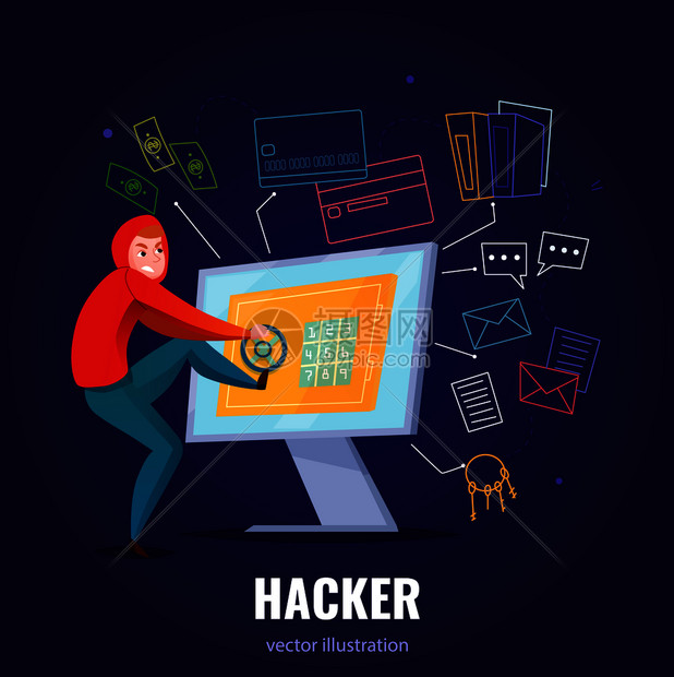 黑客安全作文与人帽衫黑客计算机爬进矢量插图图片