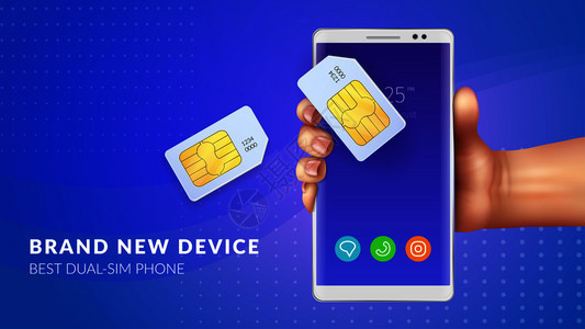 现实记忆卡SIM背景与全新设备最佳双SIM电话标题矢量插图图片