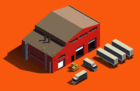 工业建筑等距成与物储存棚套卡车与集装箱盒子矢量插图图片