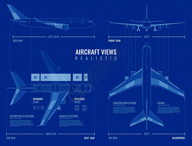 航空工业尺寸绘图蓝图的轮廓飞机顶部正视图现实矢量插图背景图片