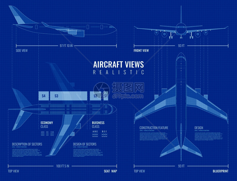 航空工业尺寸绘图蓝图的轮廓飞机顶部正视图现实矢量插图图片