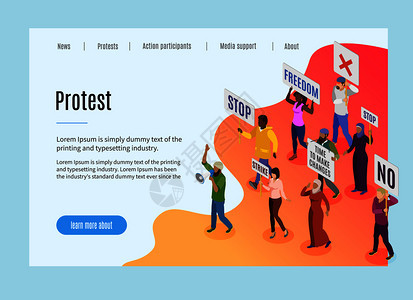 政治抗议登陆页与文字视觉信息的动机,人们的罢工等距矢量插图图片