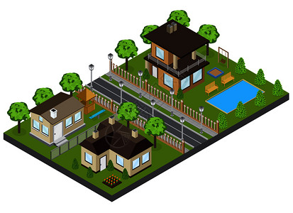 郊区建筑与城镇住宅别墅等距矢量插图图片