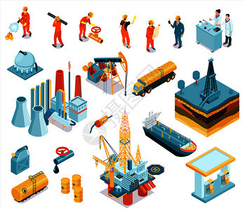 等距石油工业工人图标与雇主工作工厂矢量插图图片