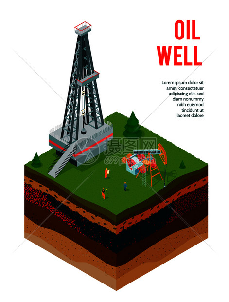 等距石油工业背景与可编辑文本地层的视图与石油井架结构矢量插图图片