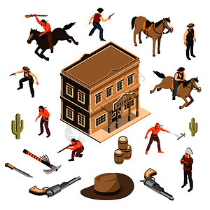 野生西部牛仔美洲土著人与警长建筑的沙龙等距矢量插图背景图片