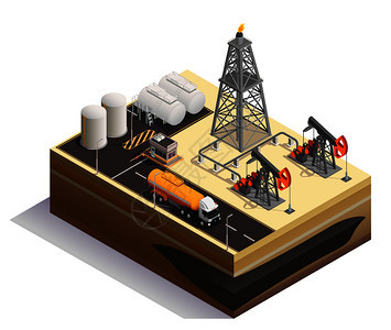 石油开采运输生产工业等距成与泵千斤顶钻机井架罐矢量插图图片
