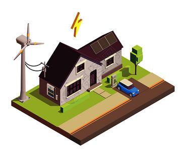 绿色可再生能源生产的家庭消费等距成与风能太阳能发电机矢量插图图片