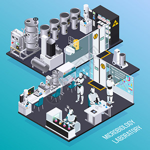 机器人等距专业与微生物学机器人雇主实验室隔离室矢量插图图片
