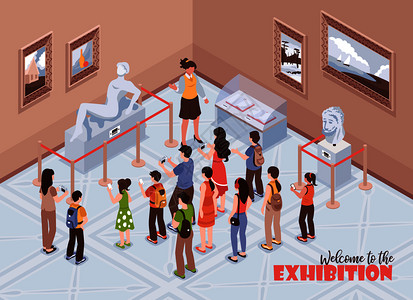 等距导游游览博物馆背景构图与文字室内景观的历史博物馆与人的矢量插图图片