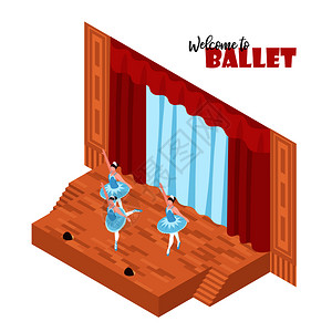 古典美女三个芭蕾舞剧院舞台上表演三维等距矢量插图插画