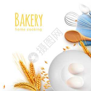 家庭烹饪工具,厨房烘焙用具,写实构图,用木勺搅拌茶匙,谷物鸡蛋矢量插图图片