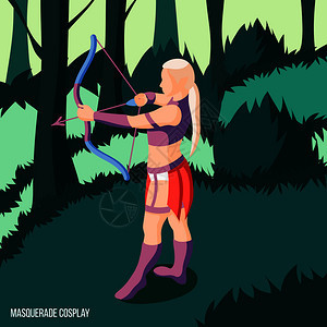 女孩穿着cosplay精灵服装,森林等距背景下射箭3D矢量插图图片