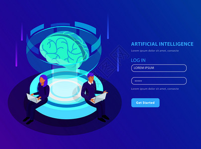人工智能等距背景着陆页格式与发光图像的大脑布局矢量插图背景图片
