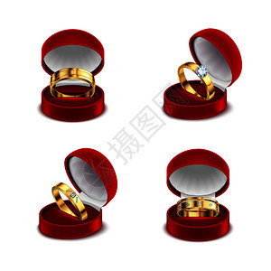 婚礼订婚金戒指打开的红色珠宝盒案例4现实白色背景矢量插图背景图片