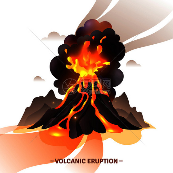 火山喷发卡通构图,岩浆灰烬烟雾火山矢量插图中飞出来图片