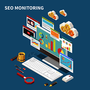 蓝色WebSEO等距构图与SEO监控标题孤立元素窗口云矢量插图数据高清图片素材