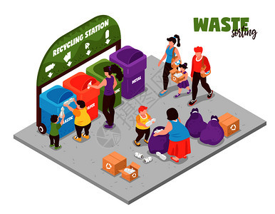 人们零废物生活方式分类垃圾回收站3D等距矢量插图图片