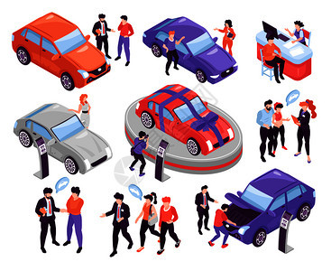 等距图标与人们讨论选择汽车展览室白色背景三维矢量插图图片