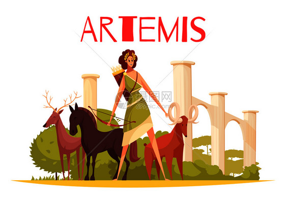 希腊女神扁平构图,卡通人物阿特米斯弓动物群矢量插图图片