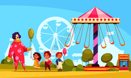 游乐园卡通背景,小丑向儿童分发气球附近的木马矢量插图图片