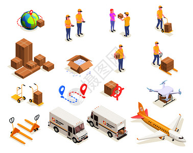 送货物流运输等距图标与图像纸板箱人统的矢量插图图片
