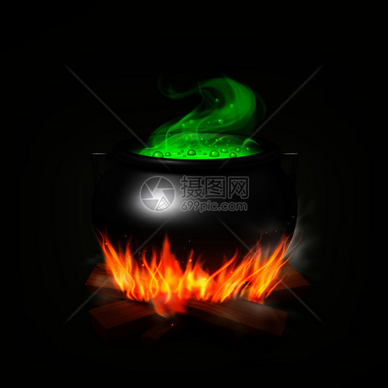 女巫锅火木上用绿色药水蒸汽黑色背景上的现实矢量插图图片