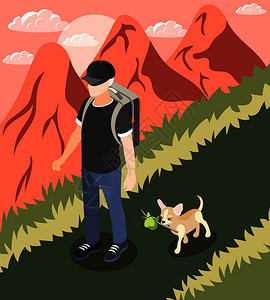 普通生活的人他的狗等距背景的人走路与小可爱的狗矢量插图图片