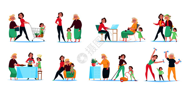 三代女家庭日常生活8平作文水平集与购物清洁烹饪矢量插图图片