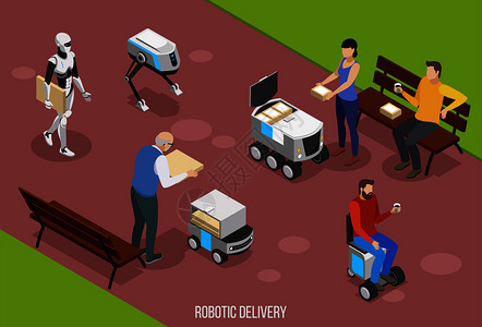 机器人交付等距成与人收您的订单用自主车辆矢量插图图片