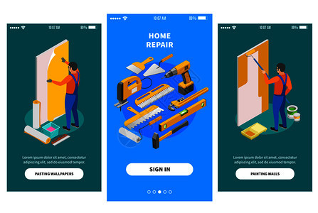 家庭维修等距横幅的移动应用程序,提供公司事维修工程矢量插图图片