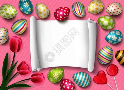 复活节作文与空纸框祝贺文字图片的鸡蛋,糖果花卉矢量插图图片