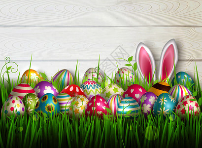 复活节构图与五颜六色的图片节日复活节鸡蛋绿色的草地表与兔子耳朵矢量插图图片