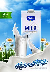 逼真的天然乡村牛奶包装广告海报与牛奶飞溅璃迷彩场与文本矢量插图图片
