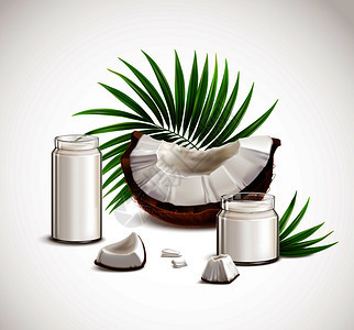 椰子特写写实构图与坚果段,白色肉片,全璃瓶,牛奶,棕榈叶矢量插图图片