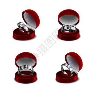 豪华珠宝4纯银婚礼订婚钻石戒指打开的红色盒子现实矢量插图图片